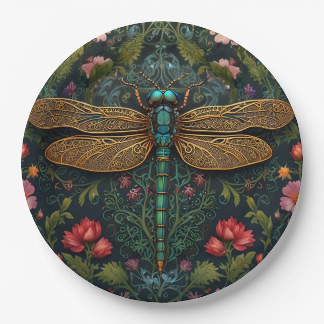 Elegant Vintage dragonfly boho botanical  Paper Plate (Front)