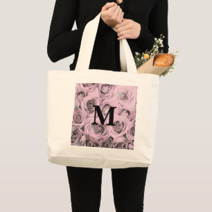 Elegant Vintage Drawing of pink black grey roses Large Tote Bag