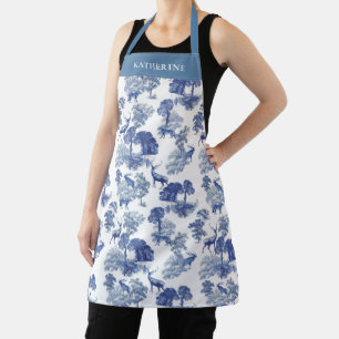 Elegant Vintage Dusty Blue Deer Toile with Name Apron