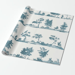 Elegant Vintage Dusty Blue Horse Hunting Toile Wrapping Paper