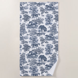 Elegant Vintage Dusty Blue White Horses Toile Beach Towel