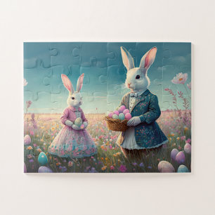 Elegant Vintage Easter bunnies picking easter eggs Jigsaw Puzzle