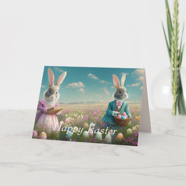 Elegant Vintage Easter bunny boy and girl Card (Front)