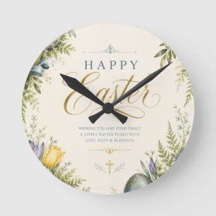 Elegant Vintage Easter Egg Greeting and Pastel Round Clock