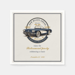 Elegant Vintage Emblem Blue Car Retirement Party Napkin