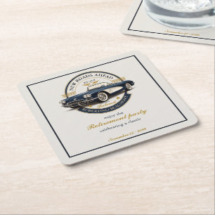 Elegant Vintage Emblem Blue Car Retirement Party Square Paper Coaster