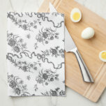 Elegant Vintage Engraved Black Roses and Ribbons Tea Towel<br><div class="desc">Elegant and romantic black engraved vintage roses,  flowers,  vines,  leaves and butterflies with ribbons and bows intertwined on a white background.</div>