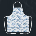 Elegant Vintage Engraved Blue Roses and Ribbons Apron<br><div class="desc">Elegant and romantic blue engraved vintage roses,  flowers,  vines,  leaves and butterflies with ribbons and bows intertwined on a white background. Strap colour is customisable.</div>