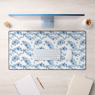 Elegant Vintage Engraved Blue Roses and Ribbons Desk Mat