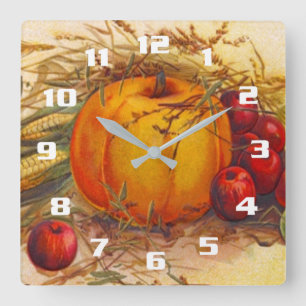 Elegant Vintage Fall Harvest Thanksgiving Kitchen Square Wall Clock