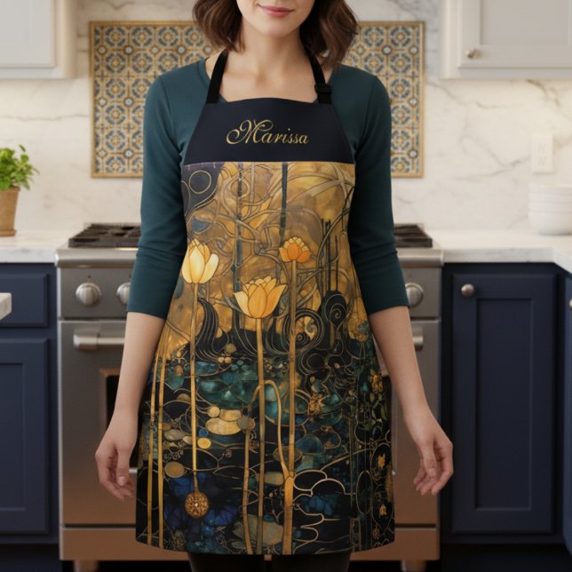Elegant Vintage Floral Apron (elegant black gold vintage art nouveau floral apron with custom name in beautiful script calligraphy)