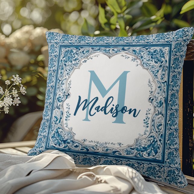 Elegant vintage floral aqua Blue monogram Cushion (Creator Uploaded)