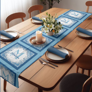 Elegant vintage floral aqua Blue yellow monogram Short Table Runner