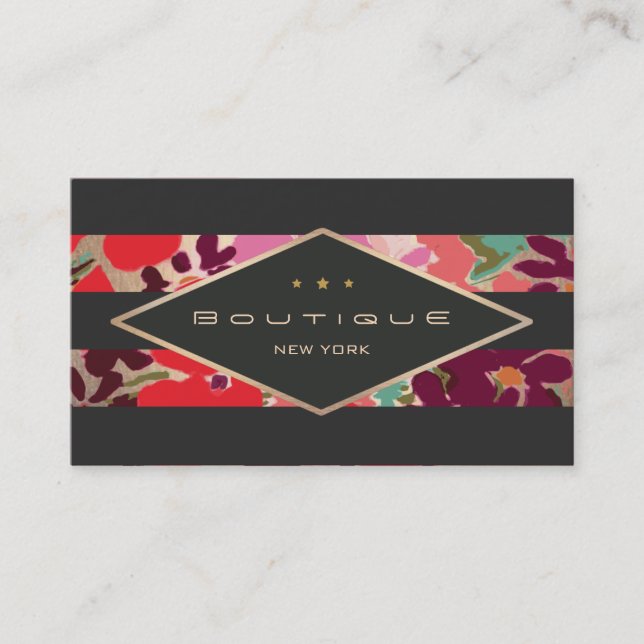 Elegant Vintage Floral Black Striped Business Card (Front)