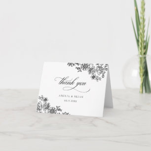 Elegant Vintage Floral Black White Wedding Thank You Card