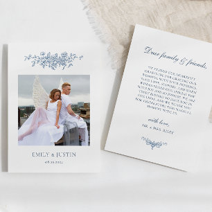 Elegant Vintage Floral Blue Photo Wedding Thank You Card