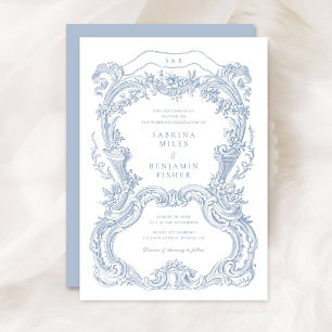 Elegant Vintage Floral Blue Toile Frame Wedding Invitation