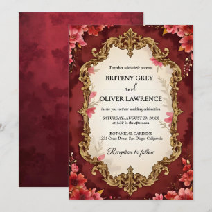 Elegant Vintage floral Burgundy and Gold Wedding Invitation