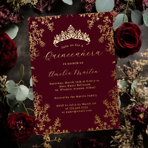 Elegant Vintage Floral Burgundy Gold Quinceanera