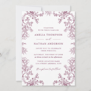Elegant Vintage Floral Burgundy White Wedding Invitation