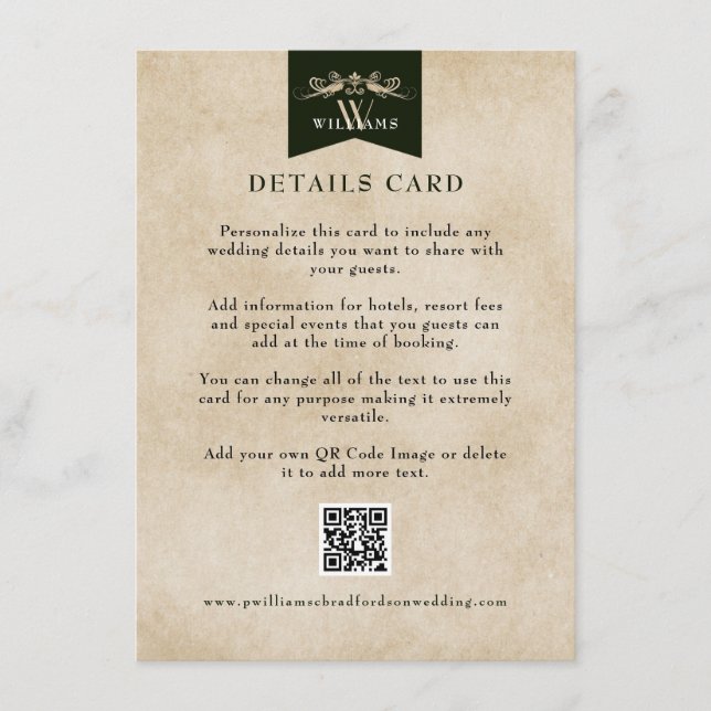 Elegant Vintage Floral Chapter Wedding Card Insert (Front)