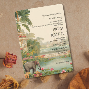 Elegant Vintage Floral Elephants Indian Wedding Invitation