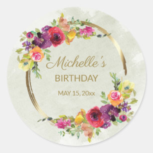 Elegant Vintage Floral Gold Frame Women's Birthday Classic Round Sticker