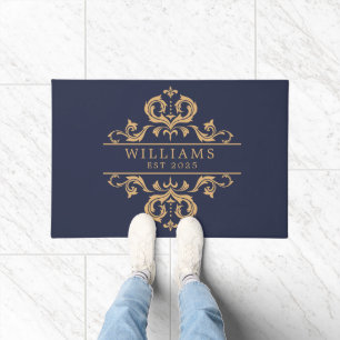 Elegant Vintage Floral Gold Navy Blue Doormat