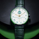 Elegant Vintage Floral Initials Wristwatch for Cou<br><div class="desc">Vintage Style Green and White Floral Monogram Letters with Couple's Names & Initials Watch Celebrate love and timeless elegance with this Vintage Style Floral Monogram Watch featuring a green and white background with beautifully designed monogram letters and couple's names & initials. This personalized timepiece is the perfect keepsake for weddings,...</div>