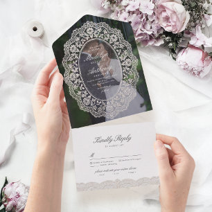 Elegant Vintage Floral Lace Frame Photo Wedding All In One Invitation