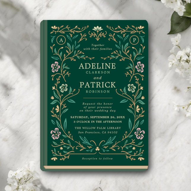 Elegant Vintage Floral Library Book Wedding Invitation (Creator Uploaded)