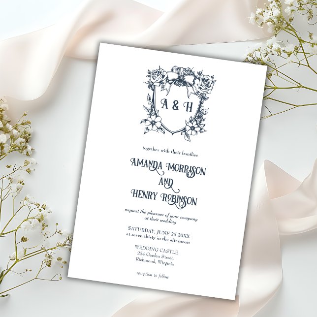 Elegant Vintage Floral & Monogram Crest Wedding Invitation (Creator Uploaded)