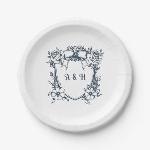 Elegant Vintage Floral & Monogram Crest Wedding Paper Plate