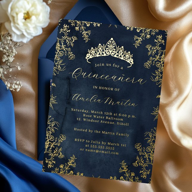 Elegant Vintage Floral Navy Gold Quinceanera  (Creator Uploaded)