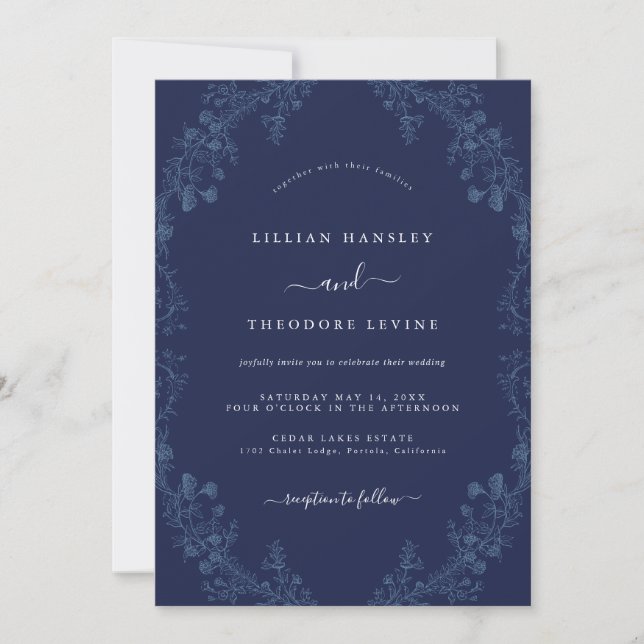 Elegant Vintage Floral Navy Wedding   Invitation (Front)