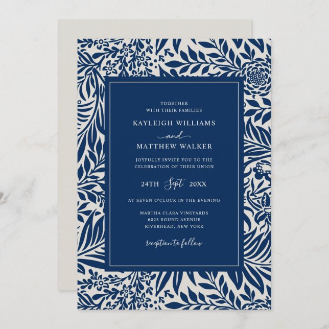 Elegant Vintage Floral Pattern | Blue Invitation (Front/Back)