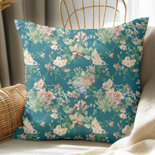 Elegant Vintage Floral Pattern Dark Teal Cushion