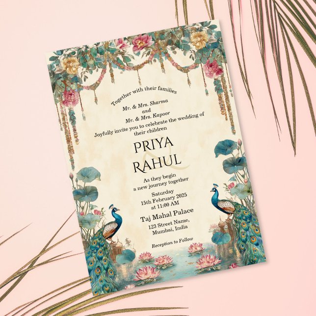 Elegant Vintage Floral Peacock Indian Wedding Invitation (indian wedding invitation with peacocks and lotus flowers)