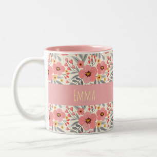 Elegant Vintage Floral Personalised Name Two-Tone Coffee Mug