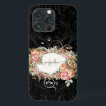Elegant Vintage Floral Pink Black Script Monogram iPhone 13 Pro Case<br><div class="desc">"Elegant Vintage Floral Pink Black Script Monogram iPhone 13 Case."   Elegant vintage botanical floral bouquet frames your name and monogram over a black tone-on-tone damask pattern background.  Created by internationally licensed artist,  Audrey Jeanne Roberts,  copyright.</div>