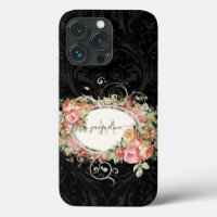 Elegant Vintage Floral Pink Black Script Monogram