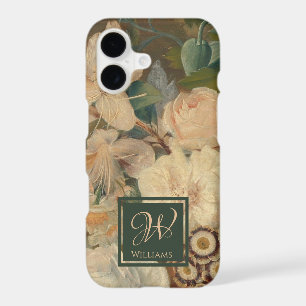 Elegant Vintage Floral pink green Monogram