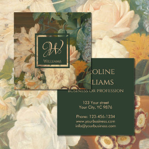 Elegant Vintage Floral pink green Monogram Square Business Card