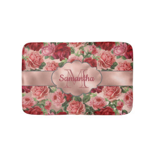 Elegant Vintage Floral Pink Rose Gold Monogrammed  Bath Mat
