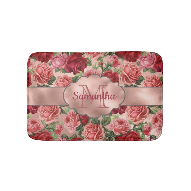 Elegant Vintage Floral Pink Rose Gold Monogrammed  Bath Mat (Front)