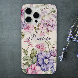 Elegant Vintage Floral Purple Pink Personalized iPhone 15 Pro Max Case