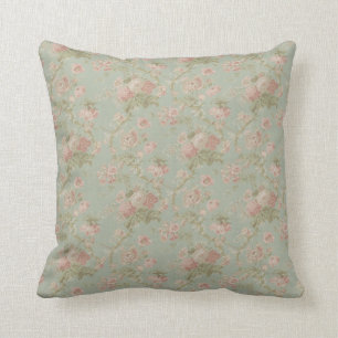 Elegant Vintage Floral Rose, Green & Pink Cushion