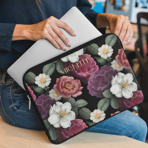 Elegant Vintage Floral Roses Personalised Name Laptop Sleeve
