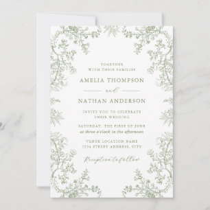Elegant Vintage Floral Sage Wedding Invitation
