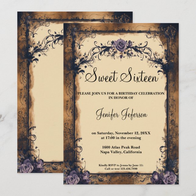 Elegant vintage floral Sweet Sixteen Invitation (Front/Back)